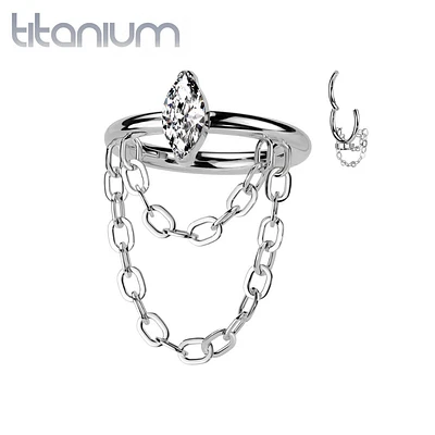 Implant Grade Titanium White CZ Marquise Gem With Chain Helix Hinged Clicker Hoop