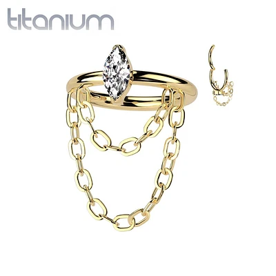 Implant Grade Titanium Gold PVD White CZ Marquise Gem With Chain Helix Hinged Clicker Hoop