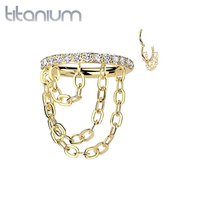 Implant Grade Titanium Gold PVD White Pave CZ Triple Chain Dangle Hinged Clicker Hoop