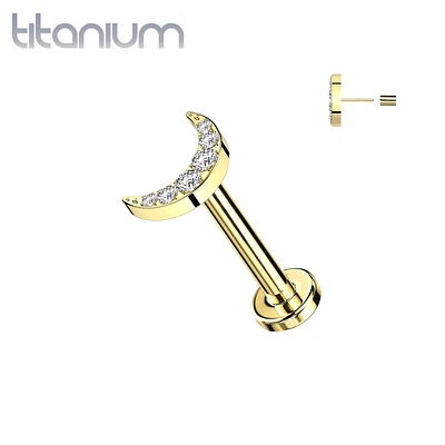 Implant Grade Titanium Gold PVD Large White CZ Crescent Moon Threadless Push In Labret