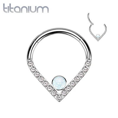 Implant Grade Titanium V Chevron with Single Opal Gem Hinged Clicker Hoop