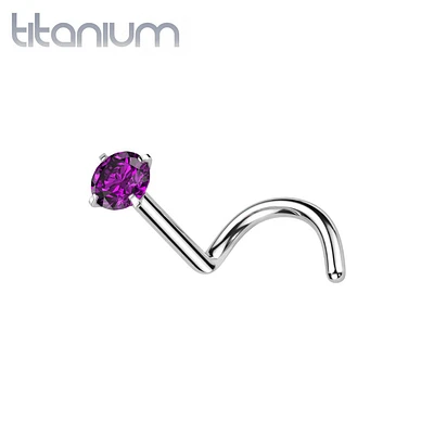 Implant Grade Titanium Corkscrew Nose Ring Stud CZ With Prong