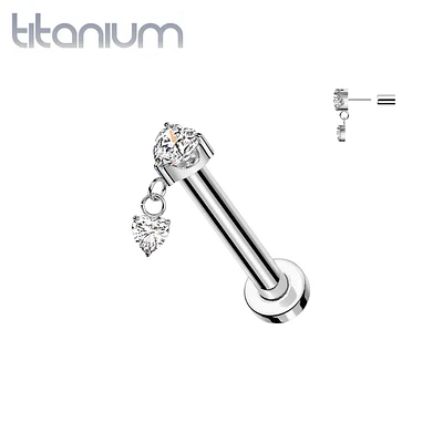 Implant Grade Titanium White CZ Heart Shaped Gem Dangly Threadless Push In Labret