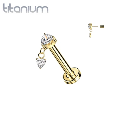 Implant Grade Titanium Gold PVD White CZ Heart Shaped Gem Dangly Threadless Push In Labret