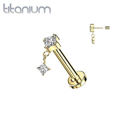 Implant Grade Titanium Gold PVD White CZ Square Gem Dangly Threadless Push In Labret