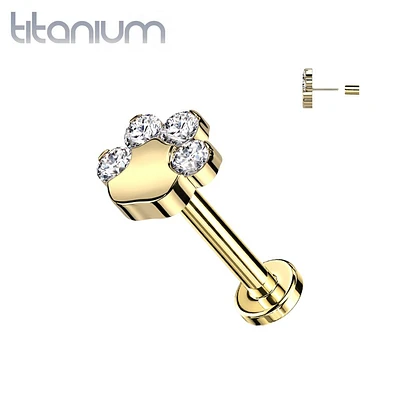 Implant Grade Titanium Gold PVD Paw Print White CZ Threadless Push In Labret