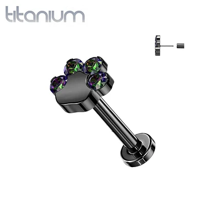 Titanium Black PVD Paw Print Vitrail Medium CZ Threadless Push In Labret