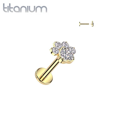 Implant Grade Titanium Gold PVD White CZ Gem Paw Print Internally Threaded Flat Back Labret