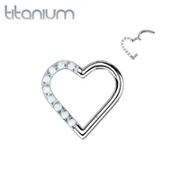 Implant Grade Titanium White Opal Heart Hinged Daith Clicker Hoop