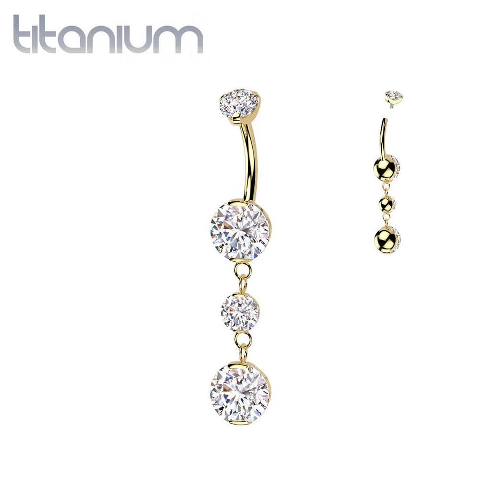 Implant Grade Titanium Gold PVD White CZ Internally Threaded Multi Gem Dangle Belly Ring