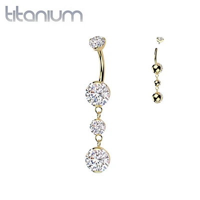 Implant Grade Titanium Gold PVD White CZ Internally Threaded Multi Gem Dangle Belly Ring