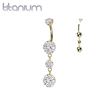 Implant Grade Titanium Gold PVD White CZ Internally Threaded Multi Gem Dangle Belly Ring