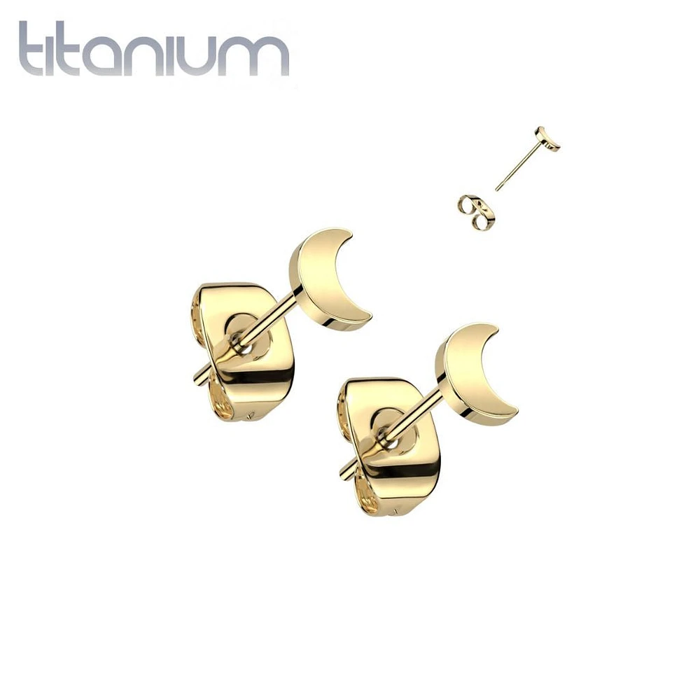 Pair of Implant Grade Titanium Gold PVD Simple Dainty Moon Shaped Stud Earrings