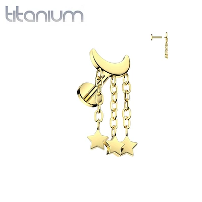 Implant Grade Titanium Gold PVD Internally Threaded Crescent Moon With Star Dangles Flat Back Labret