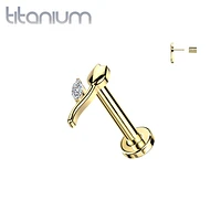 Implant Grade Titanium Gold PVD White CZ Tulip Flower Push In Threadless Labret With Flat Back