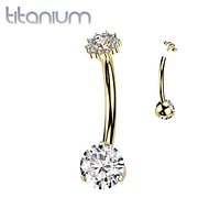 Implant Grade Titanium Gold PVD Internally Threaded White CZ Gem Flower Belly Ring