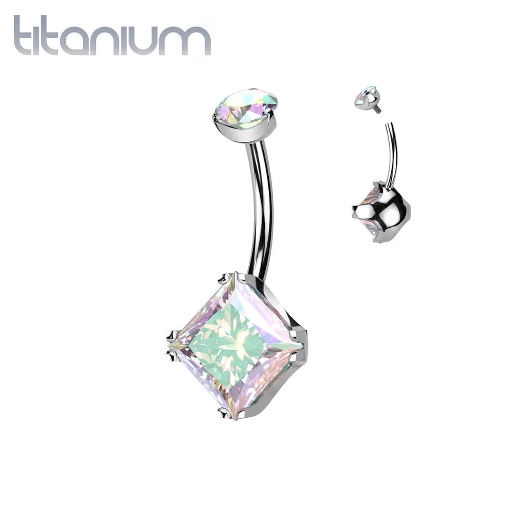 Implant Grade Titanium Aurora Borealis CZ Simple Square Gem Belly Ring