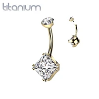 Implant Grade Titanium Gold PVD White CZ Simple Square Gem Belly Ring