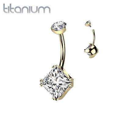 Implant Grade Titanium Gold PVD White CZ Simple Square Gem Belly Ring