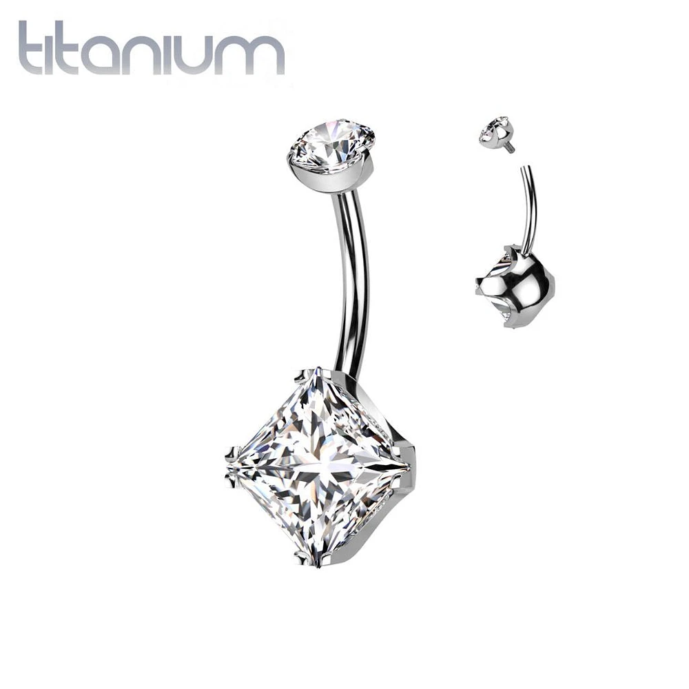 Implant Grade Titanium White CZ Simple Square Gem Belly Ring