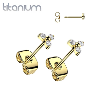 Pair of Implant Grade Titanium Gold PVD White CZ Trillium Stud Earrings