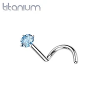 Implant Grade Titanium Corkscrew Nose Ring Stud Aqua CZ With Prong