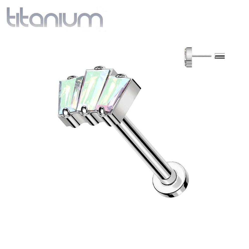 Implant Grade Titanium Triple Baguette Aurora Borealis CZ Gem Threadless Push In Labret