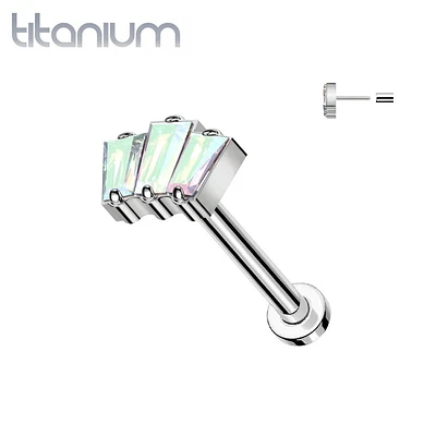 Implant Grade Titanium Triple Baguette Aurora Borealis CZ Gem Threadless Push In Labret