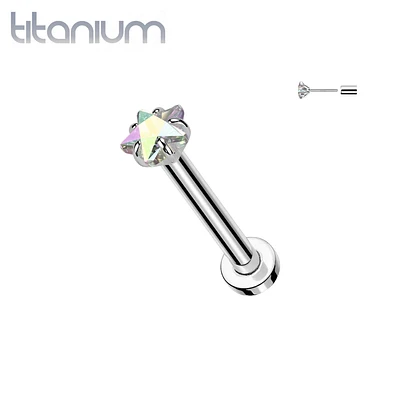 Implant Grade Titanium Threadless Aurora Borealis CZ Star Shaped Gem Push In Labret With Flat Back