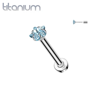 Implant Grade Titanium Threadless Aqua CZ Star Shaped Gem Push In Labret With Flat Back