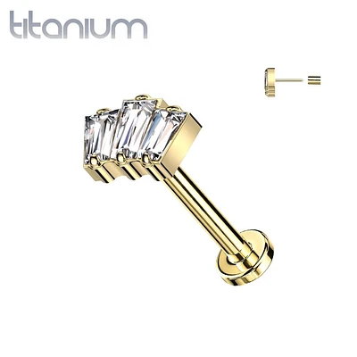 Implant Grade Titanium Gold PVD Triple Baguette CZ Gem Threadless Push In Labret
