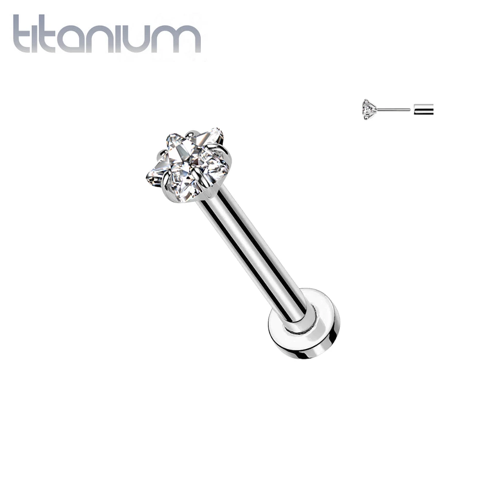 Implant Grade Titanium Threadless CZ Star Shaped Gem Push In Labret With Flat Back