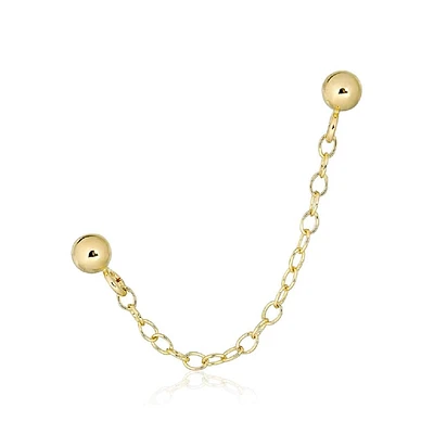 925 Sterling Silver Double Lobe Gold PVD Ball with Chain Minimal Stud Earring- 1 Piece