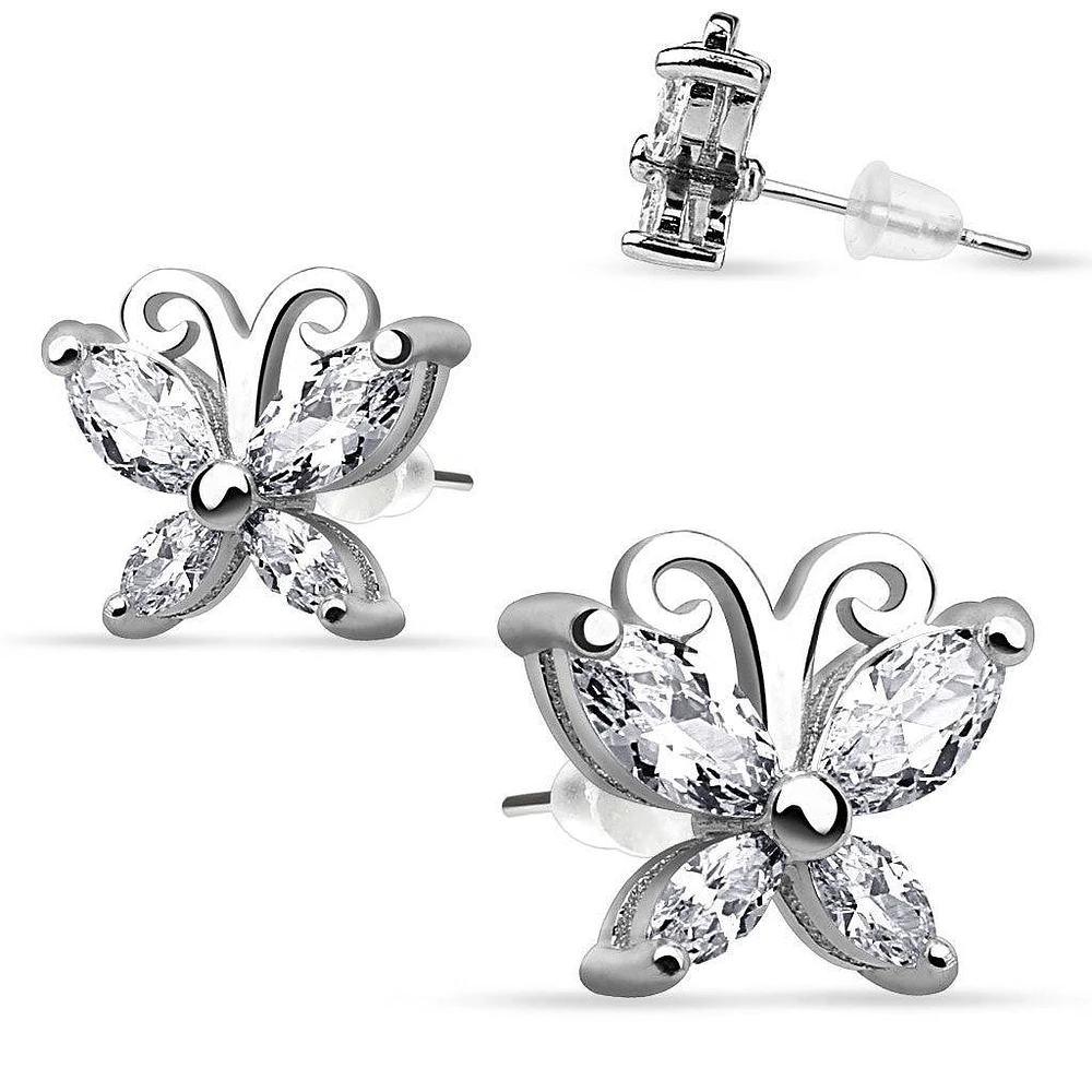 925 Sterling Silver Ultra Clear CZ Gem Butterfly Stud Earrings