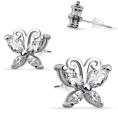 925 Sterling Silver Ultra Clear CZ Gem Butterfly Stud Earrings