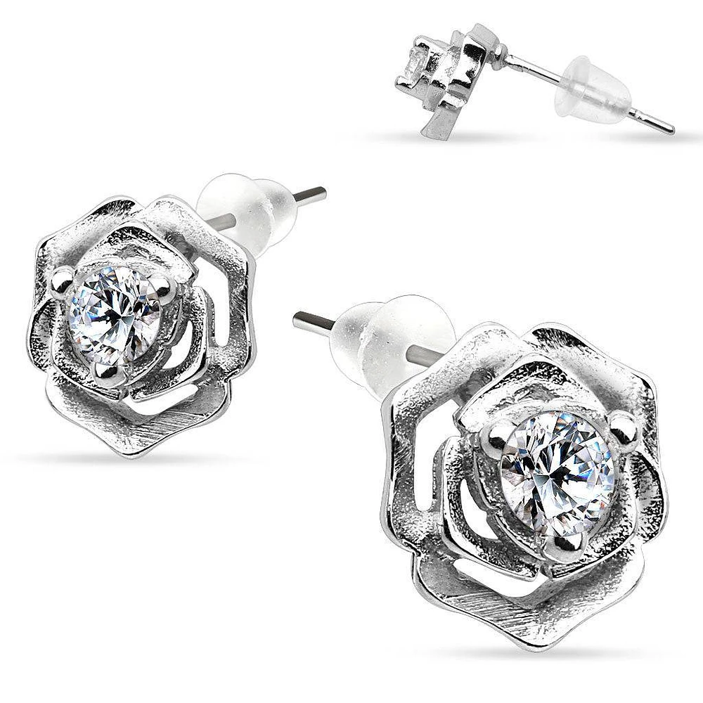 925 Sterling Silver Ultra Clear CZ Gem Flower Rose Tulip Stud Earrings