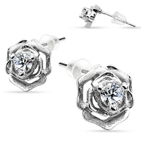 925 Sterling Silver Ultra Clear CZ Gem Flower Rose Tulip Stud Earrings