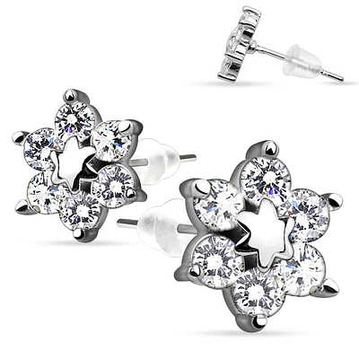 925 Sterling Silver Ultra Clear Paved CZ Crystal Flower Earring Studs