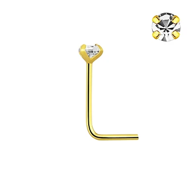 925 Sterling Silver 18Kt Gold Plated L Shape 2mm Prong CZ Nose Ring Stud