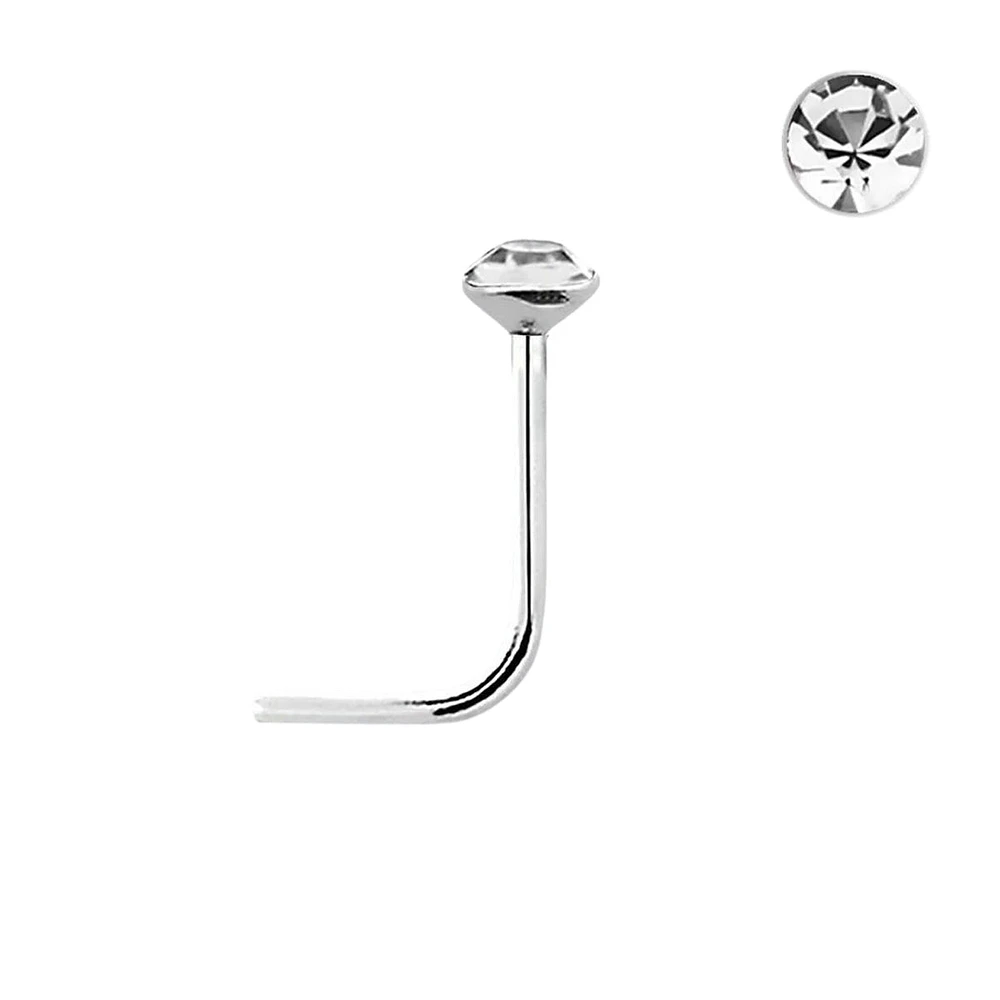 925 Sterling Silver Tiny 1.25mm Crystal L Shape Nose Pin Ring Stud