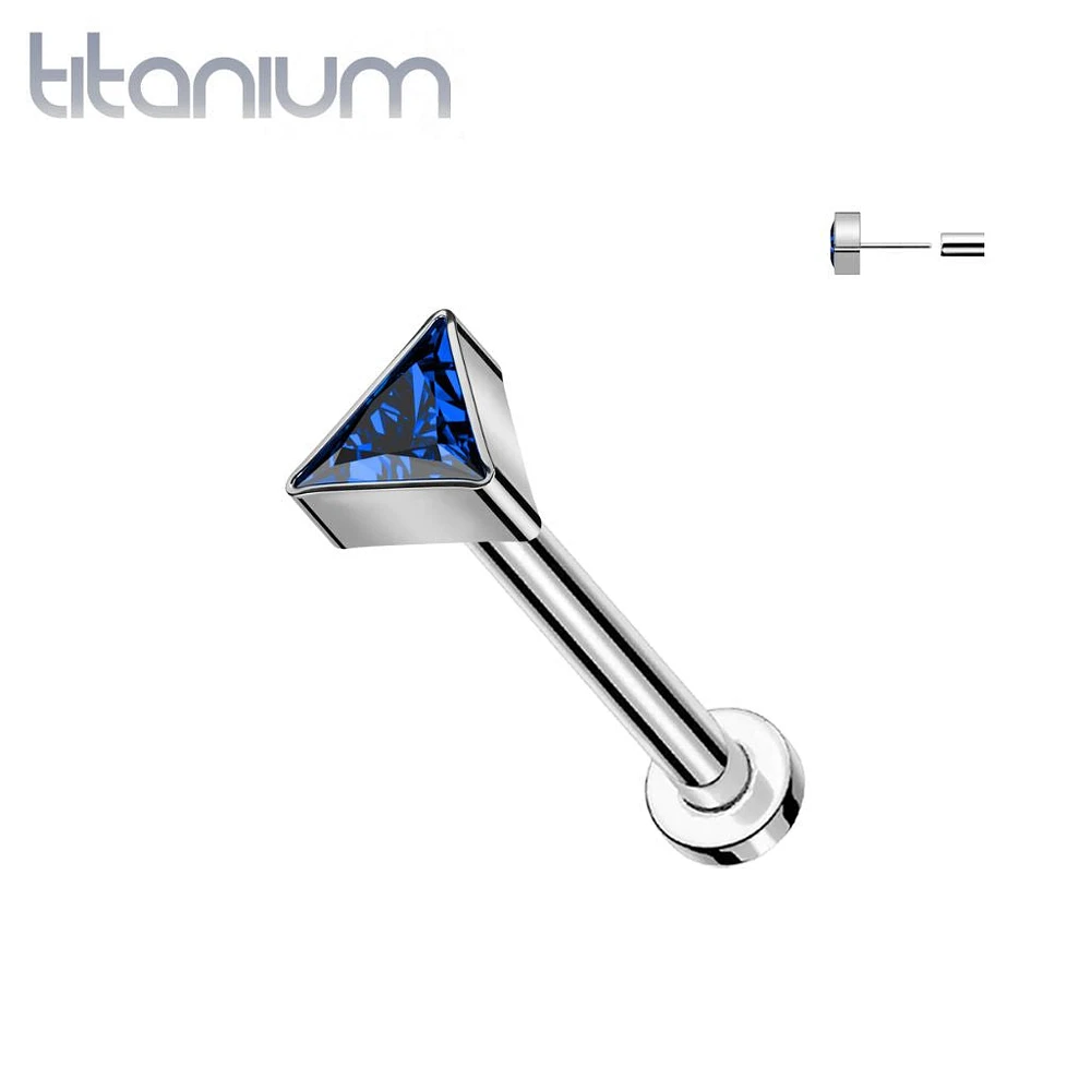 Implant Grade Titanium Royal Blue CZ Triangle Threadless Push In Labret
