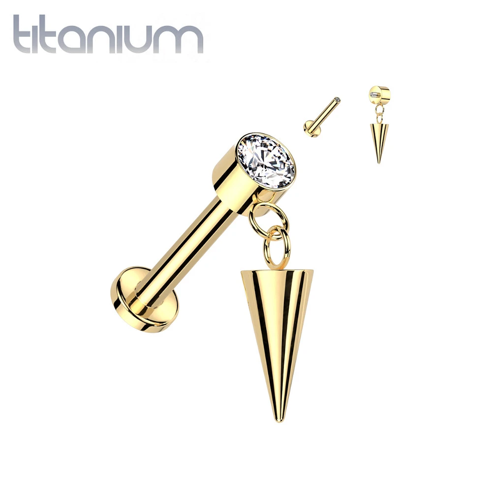 Implant Grade Titanium Gold PVD White CZ Bezel Spike Dangle Internally Threaded Flat Back Labret