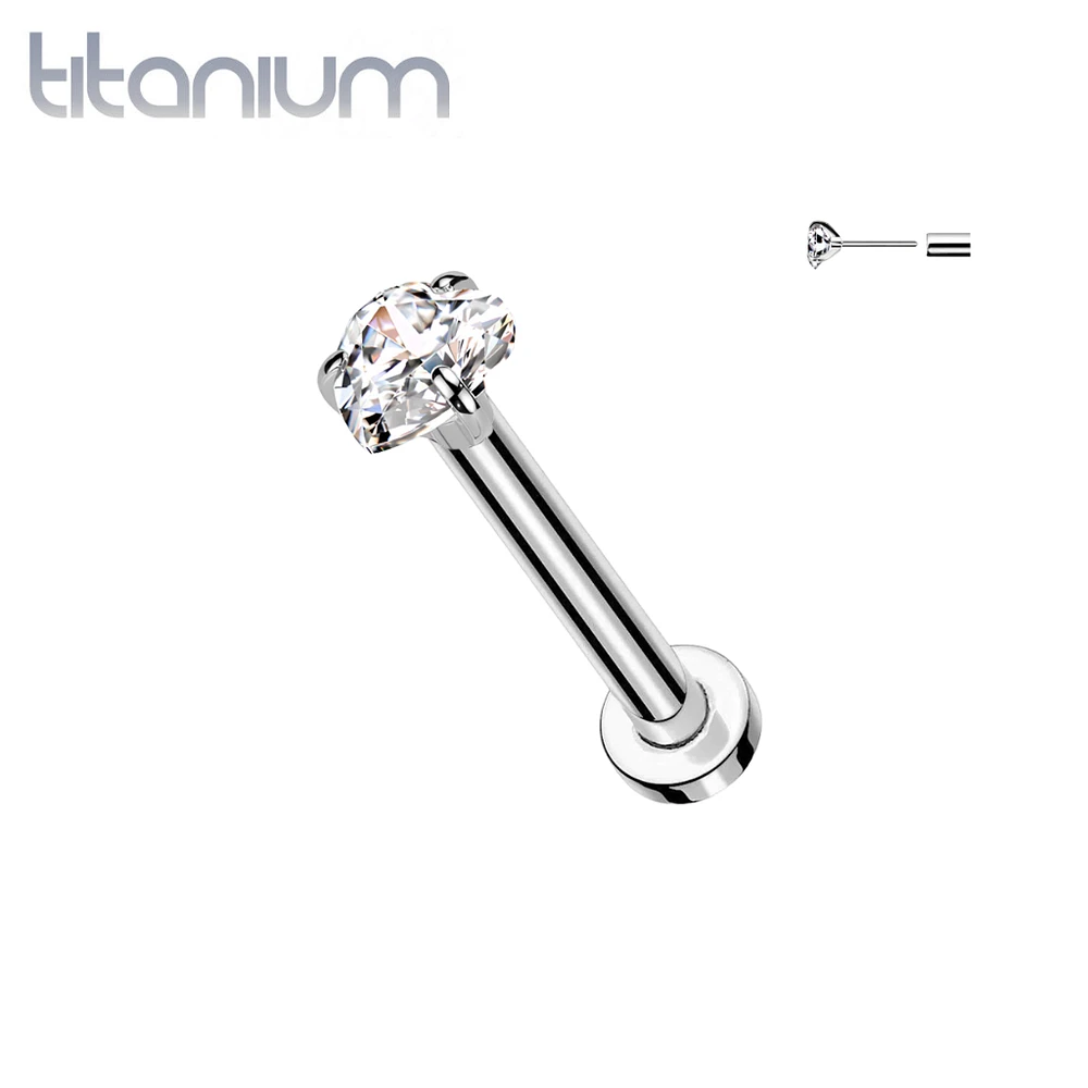 Implant Grade Titanium Threadless CZ Heart Shaped Gem Push In Labret With Flat Back