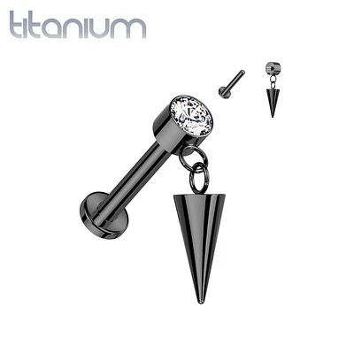 Implant Grade Titanium Black PVD White CZ Bezel Spike Dangle Internally Threaded Flat Back Labret