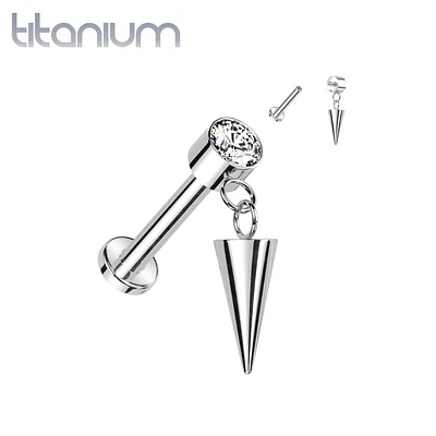 Implant Grade Titanium White CZ Bezel Spike Dangle Internally Threaded Flat Back Labret