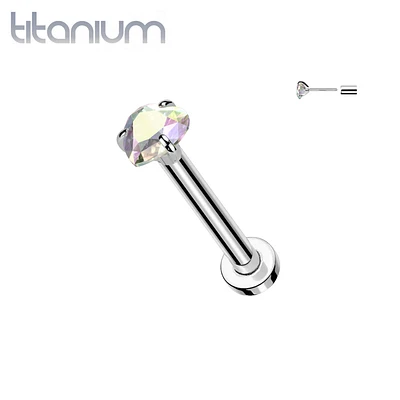 Implant Grade Titanium Threadless Aurora Borealis CZ Heart Shaped Gem Push In Labret With Flat Back