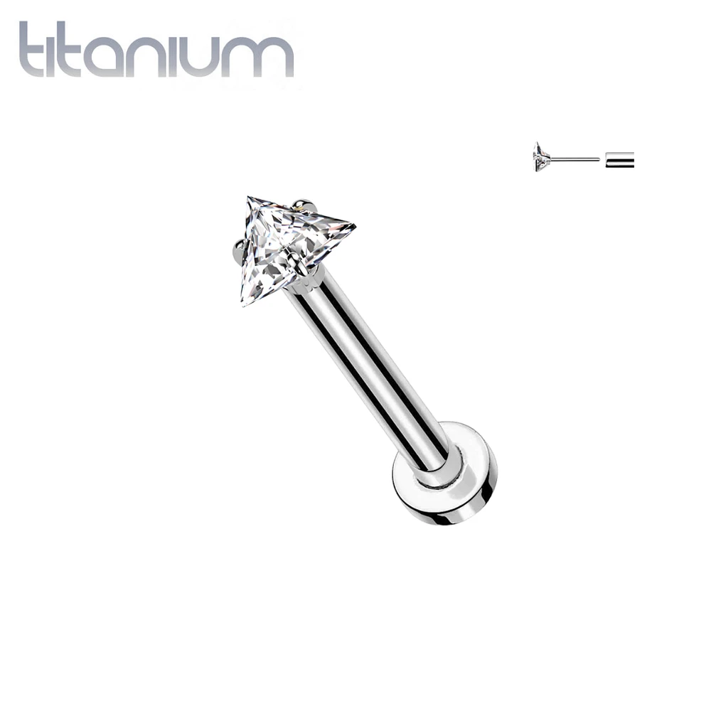 Implant Grade Titanium Threadless CZ Triangle Shaped Gem Push In Labret With Flat Back