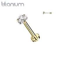 Implant Grade Titanium Gold PVD White CZ Heart Shaped Gem Threadless Push In Labret With Flat Back