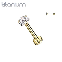 Implant Grade Titanium Gold PVD White CZ Heart Shaped Gem Threadless Push In Labret With Flat Back