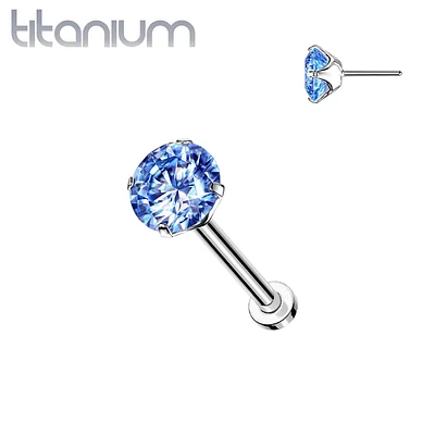 Implant Grade Titanium Threadless Push In Labret Flat Back Aqua CZ Stud